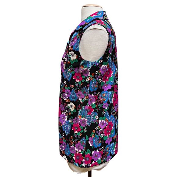 Vtg 70's JCPenney Hawaiian Tropical Groovy Button Up Floral Sleeveless Top Med - Picture 4 of 5